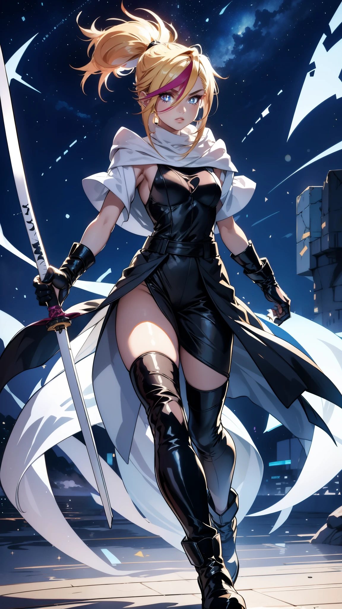 1 girl, ultra long hair, ultra detailed face, glowing lips, glowing blue eyes, very long ponytail, elegant walk, catwalk, holding down a giant katana, blonde, long eyelashes, long boots , looking to the sky, starry sky, a ultra giant katana