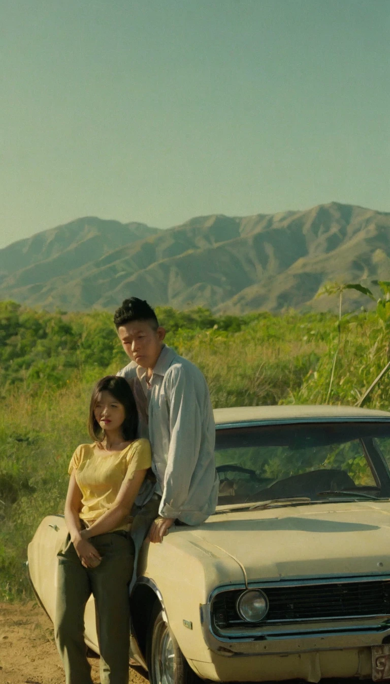 Real photo of two individuals sitting on the hood of a vintage car. The clothing should be casual, with one man wearing a black top and jeans, and the woman in a yellow sweater and light blue jeans. Both have medium-length hair styled in a relaxed manner. The location is outdoors during golden hour, with soft, warm lighting accentuating the scene. Tall grass surrounds the car, and mountains can be seen in the background under a clear sky. The pose is casual and friendly, with the man facing slightly towards the camera while the woman faces them as if engaged in conversation. Properties include the vintage car which should have a classic design indicative of mid-20th-century models. The camera angle is from a lower perspective looking up at the individuals to capture both their relaxed demeanor and the scenic background.
 wong kar wai color palette
