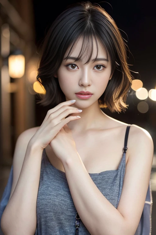 Random Pause, Mix 4, (8K, Original photo, Highest quality, masterpiece: 1.45), (Actual, Vibrant: 1.37), Skinny Japanese woman, One girl, charm, City view, night, rain, Wet, Professional Lighting, Photon Mapping, Radio City, Physically Based Rendering, Gradient black hair, Short Curly Hair, good looking, girl, T-Shirts, High resolution, 1080P, (Beautiful Face), (Detailed facial depiction), (Detailed description of the hand), (Detailed CG), Extreme light and shadow, Messy Hair, Lots of details, (exquisite features), (Highest quality photos), (Beautiful Eyes), Look in front of you, Thin clavicle,