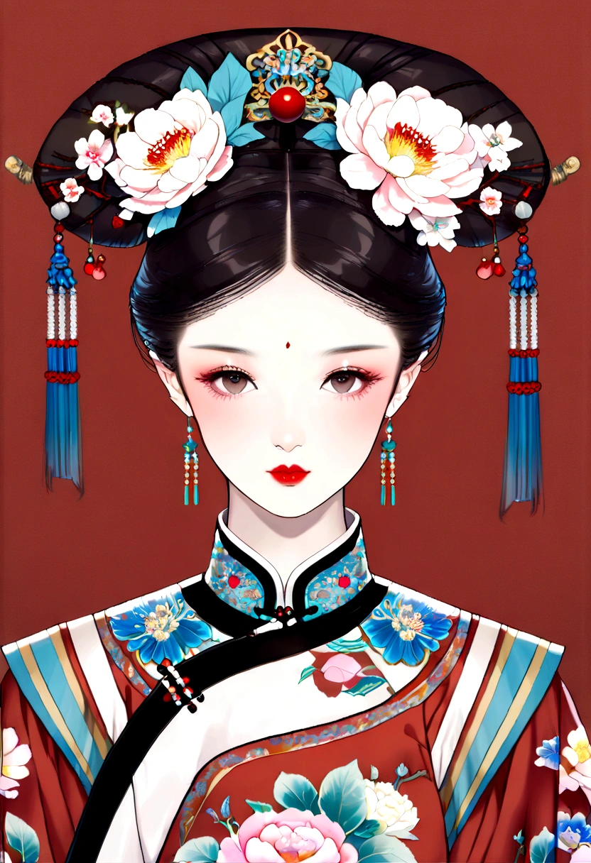 Makeup for Qing Dynasty Palace Drama,Thick coating of the board,Colored pencils,Procreate board drawing beautiful digital art,Clean lines,Beautiful Chinese Qing Dynasty Princess,Bright Eyes,Exquisite facial features,(((Qing Dynasty Gaoqitou,Flowers))),symmetry,(Qing Dynasty Clothing,White Hualong),Bright colors,High Saturation,Solid red background