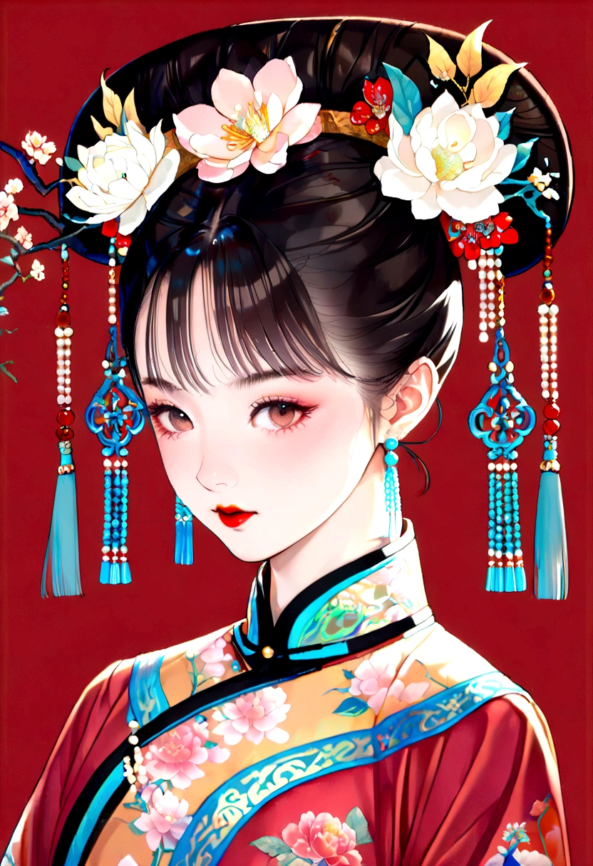 Makeup for Qing Dynasty Palace Drama,Thick coating of the board,Colored pencils,Procreate board drawing beautiful digital art,Clean lines,Beautiful Chinese Qing Dynasty Princess,Bright Eyes,Exquisite facial features,(((Qing Dynasty Gaoqitou,Flowers))),symmetry,(Qing Dynasty Clothing,White Hualong),Bright colors,High Saturation,Solid red background