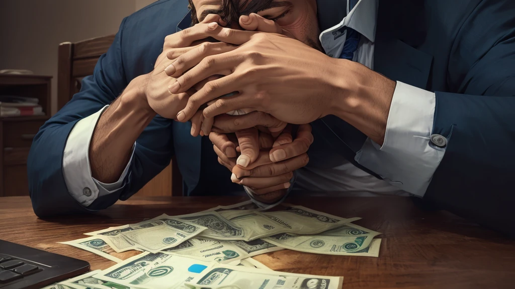 man sitting with his head down and his hands on it desperate with bills to pay