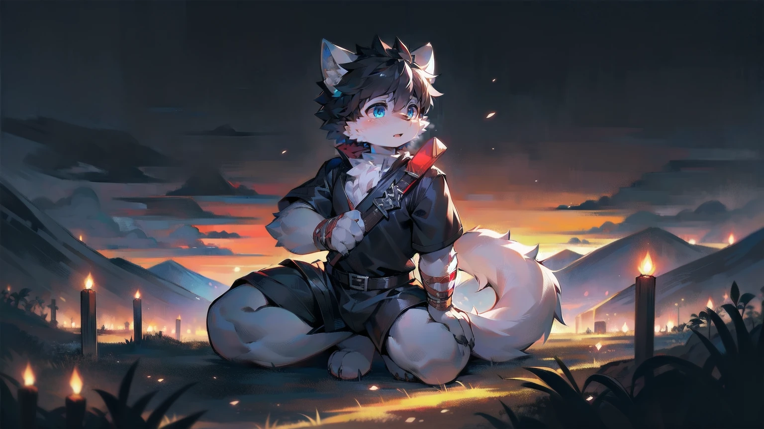 White Wolf，black hair，Sky blue eyes，hairy，Wolf ears，Wolf tail，Full body portrait，The character is in the center of the frame，Handsome，Confident eye***but，juvenile，Black and white combat uniform，Red neck bib，Black shorts，Short sleeve，hairy arms and legs，Dark background，Dark battlefield，dawn，sunrise，dawn，illumination，shadow，Swordsman，Scabbard and Hold the hilt of a in your hand，The scabbard is at the waist，Highest quality,A tall stature