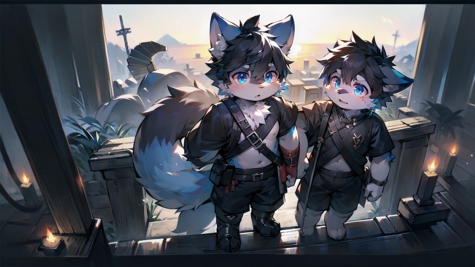 White Wolf,black hair,Sky blue eyes,hairy,Wolf ears,Wolf tail,Full body portrait,The character is in the center of the frame,Handsome,Confident eye***but,juvenile,Black and white combat uniform,Red neck bib,Black shorts,Short sleeve,hairy arms and legs,Dark background,Dark battlefield,dawn,sunrise,dawn,illumination,shadow,Swordsman,Scabbard and Hold the hilt of a in your hand,The scabbard is at the waist,Highest quality,A tall stature