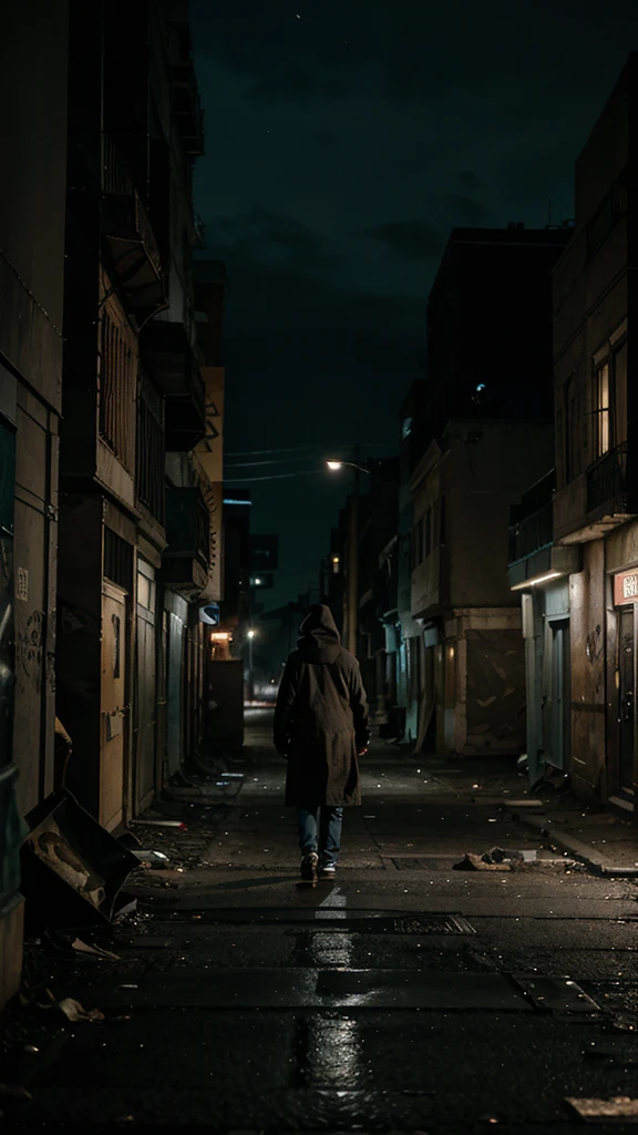 "A dark and deserted street at night, with old and abandoned buildings on the sides, broken windows and graffiti on the walls. Flickering street lamps provide poor lighting. in the middle of the street, a person walks alone, with hesitant steps, wearing a coat with a raised hood. Ao fundo, dark alleys and overturned trash cans, creating an atmosphere of abandonment and imminent danger. The person&#39;s shadow stretches long on the ground, emphasizing your loneliness and vulnerability. The feeling of danger is palpable, with the darkness around hiding invisible threats."

