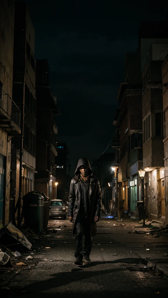"A dark and deserted street at night, with old and abandoned buildings on the sides, broken windows and graffiti on the walls. Flickering street lamps provide poor lighting. in the middle of the street, a person walks alone, with hesitant steps, wearing a coat with a raised hood. Ao fundo, dark alleys and overturned trash cans, creating an atmosphere of abandonment and imminent danger. The person&#39;s shadow stretches long on the ground, emphasizing your loneliness and vulnerability. The feeling of danger is palpable, with the darkness around hiding invisible threats."


