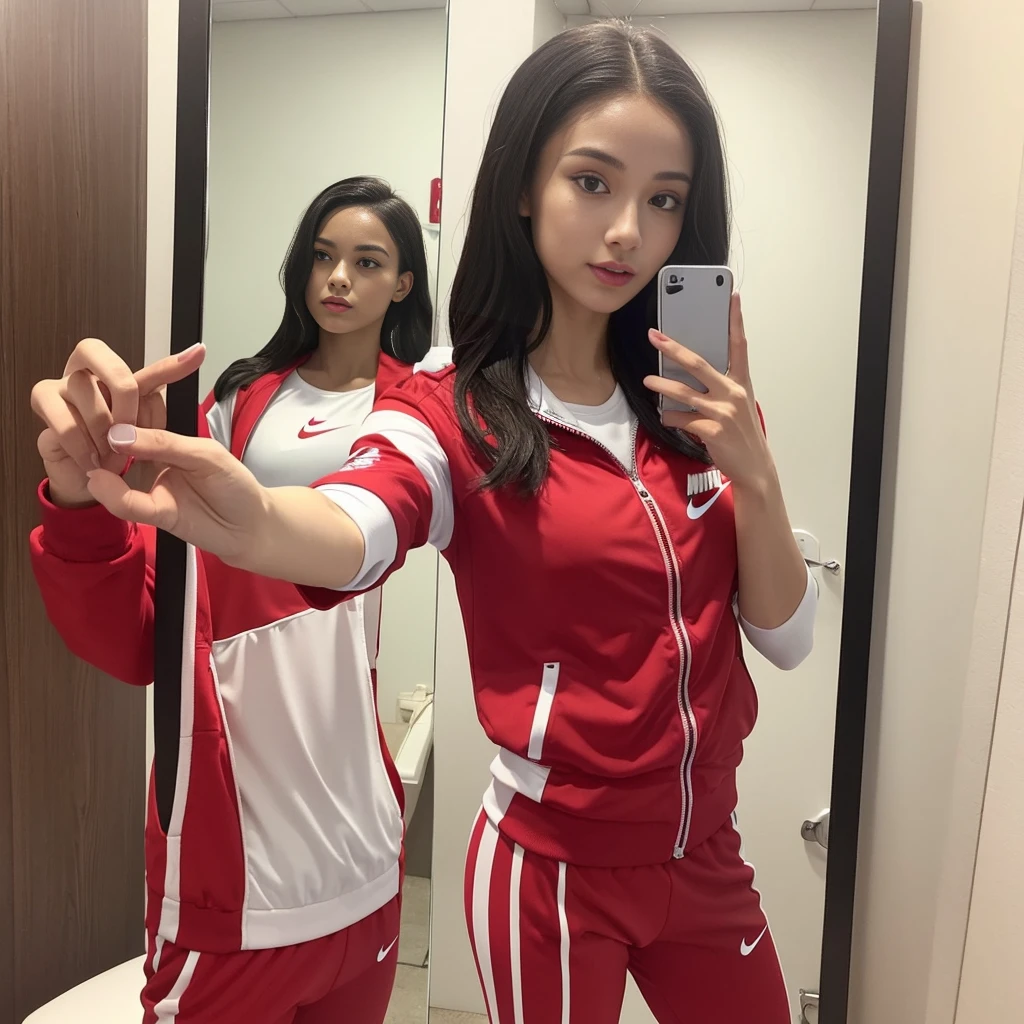 A woman is taking a selfie in the mirror, Wear athletics clothing, Nike Cycling Suit, red Sportswear, sporty, wearing a tracksuit, Sportswear, red、white, Sportswear, 🔞🤡, redとwhite, かわいいSportswear, 🚿🗝📝, Full body photo, photo from the olympic games