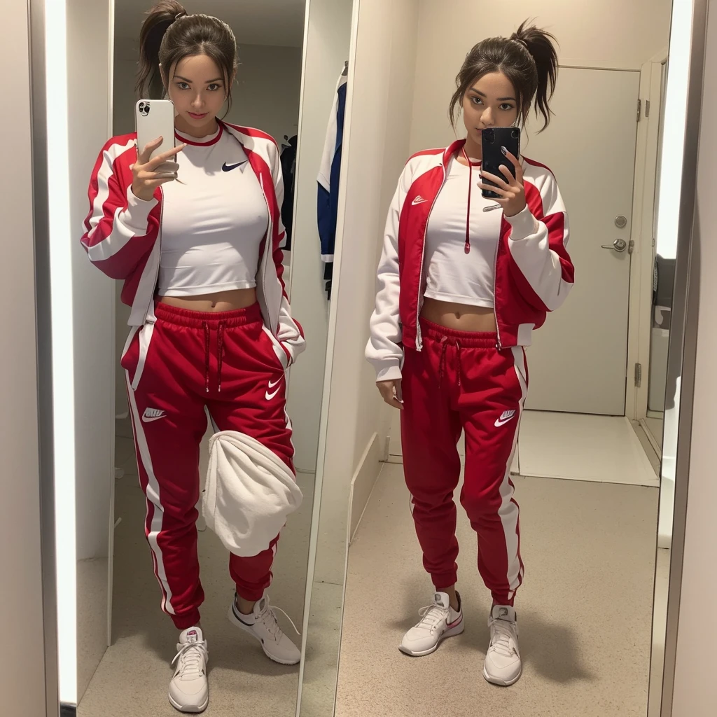 A woman is taking a selfie in the mirror, Wear athletics clothing, Nike Cycling Suit, red Sportswear, sporty, wearing a tracksuit, Sportswear, red、white, Sportswear, 🔞🤡, redとwhite, かわいいSportswear, 🚿🗝📝, Full body photo, photo from the olympic games
