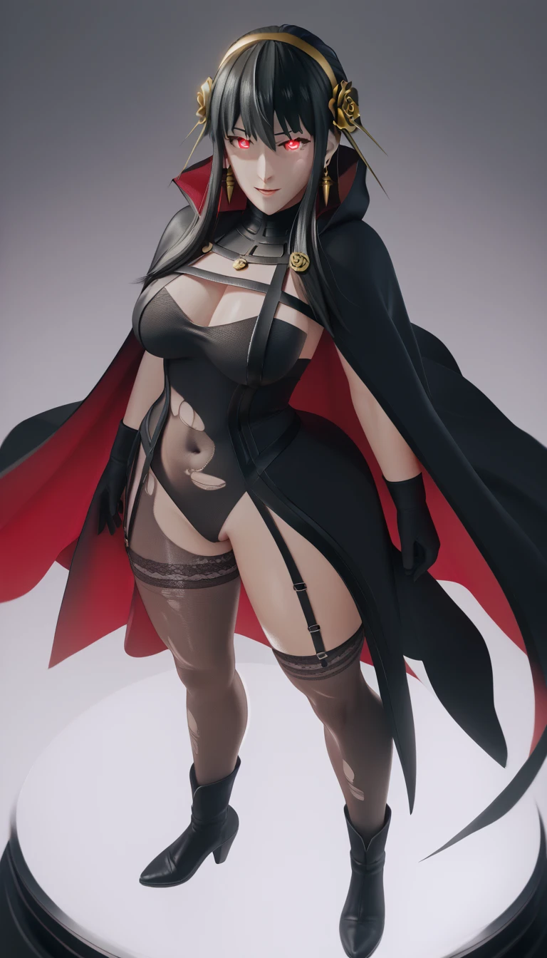 harayutaka art style, score_9, score_8_up, score_7_up, score_6_up, uncensored, Yor Briar, black hair, whie hairband, earrings, hair ornament, red eyes, BREAK (masterpiece:1.2), best quality, high resolution, (detailed eyes:1.3), perfect lighting, (perfect hands, perfect anatomy), 3d, smirk, upper teeth, hollow eyes, torn_clothes, 1girl, torn_legwear, breasts, leotard, looking_at_viewer, solo, large breasts, hood, standing, covered_navel, hood_up, full_body, cloak, gloves, black_leotard, bodysuit, boots, black_footwear, pantyhose, navel, glowing, high_heels, science_fiction, bodystocking, nsfw art, nsfw, hollow eyes, expressionless,