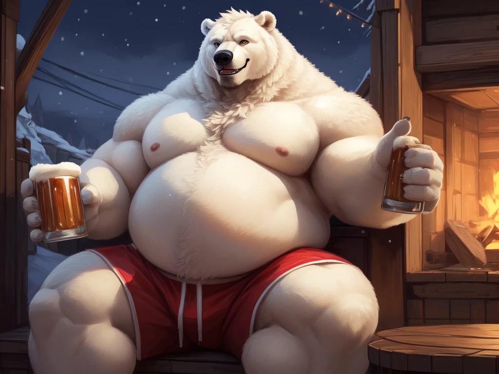 lucusold, lanxus, a man with a huge belly, furry white bear, polar bear, fat ripped:1.2, chubby, more chubby, smile, sitting in Terance, Atlantic, snow, beer, muacular, pectoral, holding beer, thicc, lowres, giant and fat, danbooru and artstation, heavy detailed, insanely inflated hips, topless, shorts, proportionally arms, fluffy chest, commission for high res, detailed but rough, semirealistic:1.3