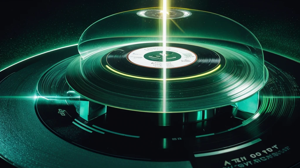 Poster Style,Brighter green frosted background,Vinyl record combined with clock,Front view of the record,Half record, half clock,Reflecting the sense of time travel,Golden text effect for English title on the right,There is a halo of light around the record similar to a black hole,Extremely high definition picture quality,quality,Real texture,Sci-fi style