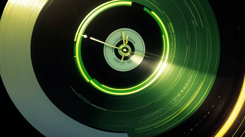 Poster Style，Brighter green frosted background，Vinyl record combined with clock，Front view of the record，Half record, half clock，Reflecting the sense of time travel，Golden text effect for English title on the right，There is a halo of light around the record similar to a black hole，Extremely high definition picture quality，quality，Real texture，Sci-fi style