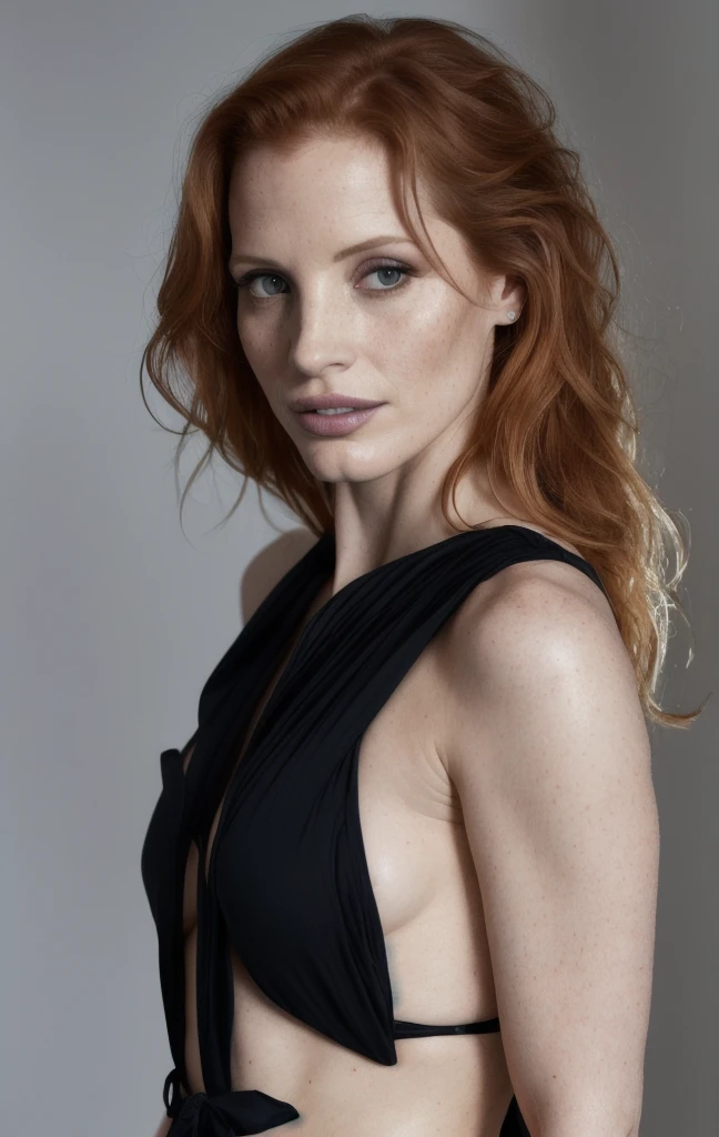 high quality celebrity Erotic photo , sexy Jessica Chastain 40yo woman ( woman, sexy, celebrity , actress ,tall actress , breast revealing , photorealistic , celebrity , random click , freckles on skin,) shiny sweaty skin , sexualized move, erotic angles, celebrity erotic photograph , shiny sweaty skin, ( photorealistic lights, depth of field, detailed face , insanely detailed skin texture, hyper detailed features )