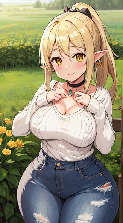 masterpiece, best quality, highres, ((Slim thicc waifu:1.3)), large breasts, elf, yellow eyes, blonde hair in short high ponytail, (black choker), (White sweater), jewelry, (ripped skinny jeans), long sleeves, cowboy shot, standing, field, smile, hands on face, hearts