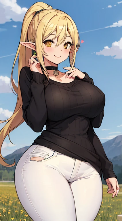 masterpiece, best quality, highres, ((Slim thicc waifu:1.3)), large breasts, elf, yellow eyes, blonde hair in short high ponytail, (black choker), (White sweater), jewelry, (ripped skinny jeans), long sleeves, cowboy shot, standing, field, smile, hands on face, hearts