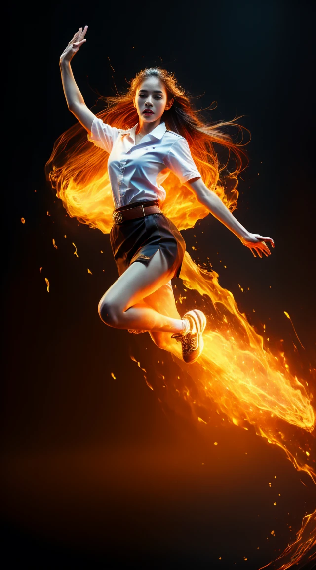 18 year old woman in Thai university uniform, white shirt, black skirt, brown belt, white sneakers, dark background, fire goddess, creating fire from hand, fire on the background, fire around her body, floating in the air, calm face, high detail, realistic, cinematic scene, dynamic pose