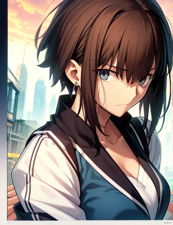 ((masterpiece,Highest quality,8K,Ultra-high resolution)),appropriate margins,Emphasize the face,BREAK,1 person,Very beautiful adult woman,is an adult,Slim body,Very large breasts,Upturned chest,BREAK,Dark brown hair,Black eyes,light in your eyes,Embarrassed,Shy glare,short hair,Wearing hair in one ear,unkempt,BREAK,(school uniform,Summer clothes)