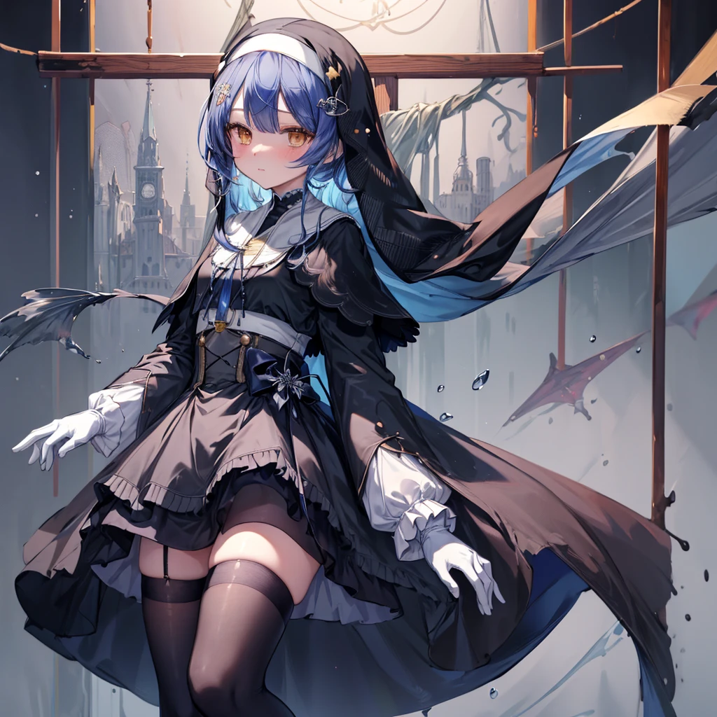 ((Highest quality)), ((masterpiece)), (detailed), a painting that is a woman dressed in clothes a nun or something, 1girl, 独奏, long hair, nun, dress, thighhighs, gloves, White Capelet, white gloves, brown eyes, looking at viewer, black thighhighs, blush, black dress, long sleeves, capelet, bangs, (wet)