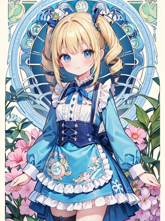 masterpiece, Highest quality, Very detailed, 16K, Ultra-high resolution, Cowboy Shot, Alice in Wonderland, (art nouveau:1.5), -yeld gi Detailed face, Mischievous Smile, blue eyes, Blonde, (mega twin drills:1.3), Ribbon on head, Blue clothes, Plain white apron, 大きなclockのある部屋で, clock, 壁clock