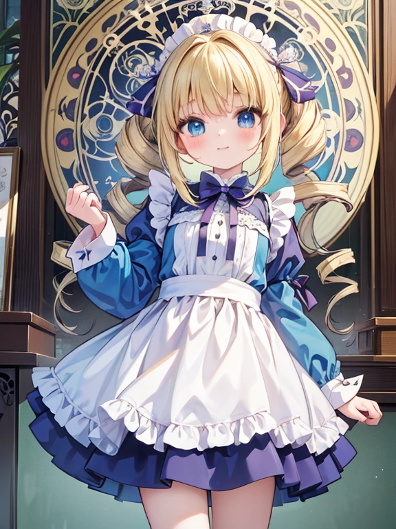masterpiece, Highest quality, Very detailed, 16K, Ultra-high resolution, Cowboy Shot, Alice in Wonderland, (art nouveau:1.5), 10-year-old girl, Detailed face, Mischievous Smile, blue eyes, Blonde, (mega twin drills:1.3), Ribbon on head, Blue clothes, Plain white apron, 大きなclockのある部屋で, clock, 壁clock