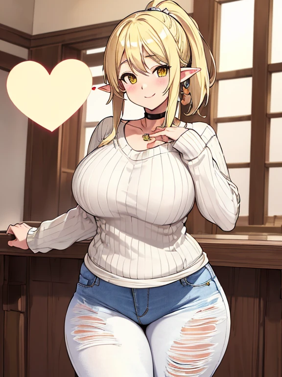 masterpiece, best quality, highres, ((Slim thicc waifu:1.3)), large breasts, elf, yellow eyes, blonde hair in short high ponytail, (black choker), (White sweater), jewelry, (ripped skinny jeans), long sleeves, cowboy shot, standing, field, smile, hands on face, hearts