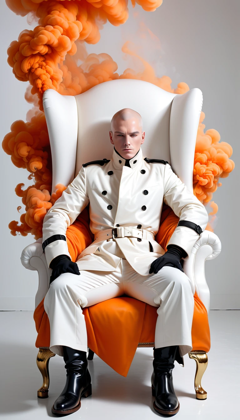 In a completely white room sits in a chair facing you, face down, a man wearing pants and a thick cotton long-sleeved coat with long sleeves and white gloves and shiny black boots. From its white head, orange smoke flow emanates 
