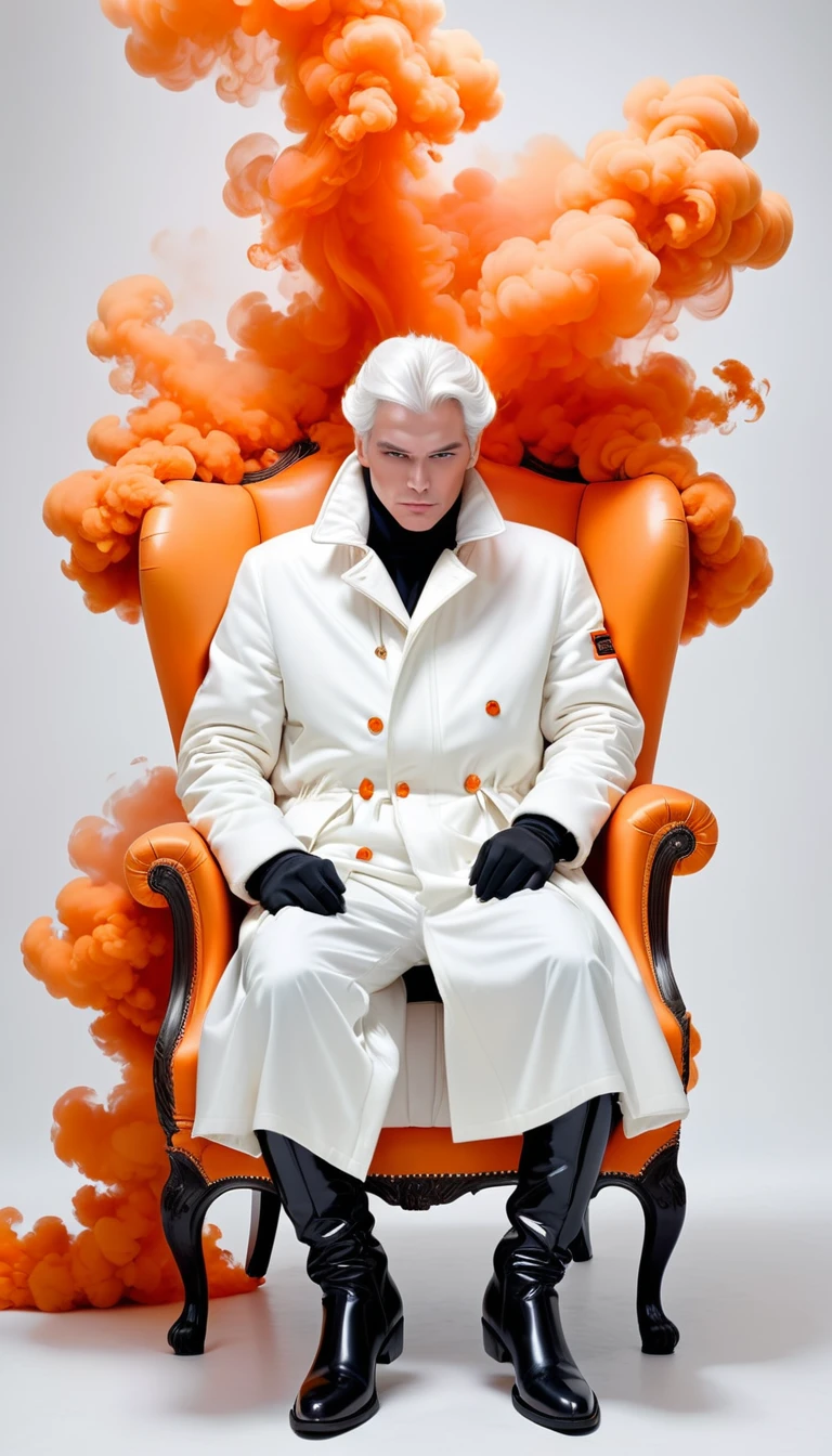 In a completely white room sits in a chair facing you, face down, a man wearing pants and a thick cotton long-sleeved coat with long sleeves and white gloves and shiny black boots. From its white head, orange smoke flow emanates 