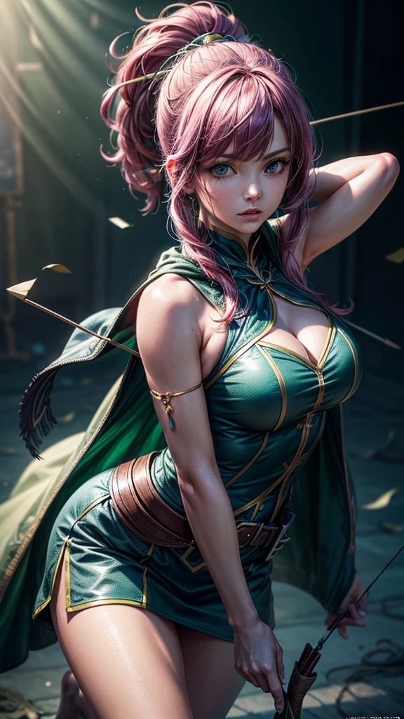 a determined female archer with pink hair and bangs, square cut hairstyle, big blue eyes, arrow holder on the back, wearing a short sleeveless green dress, green cape, barefoot, big leather belt, (best quality,4k,8k,highres,masterpiece:1.2),ultra-detailed,(realistic,photorealistic,photo-realistic:1.37),dynamic point of view,clash royale character,studio lighting,vivid colors,sharp focus