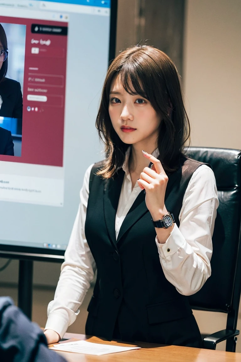 A woman with short blonde hair and blue eyes、Presentation in modern office conference room。She wore a professional black pantsuit and、Wearing a white shirt。There is a big screen and a projector in the background.、Business documents are displayed。She spoke with confidence、Using a pointing stick to emphasize key points in a presentation。My colleagues are sitting in the conference room.、I am listening intently to her explanation.。On her wrist is a simple watch.、Her sophisticated business style highlights her professionalism.。