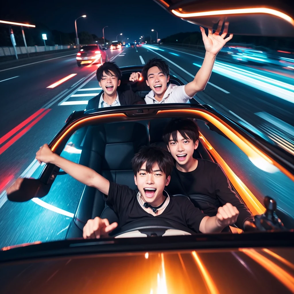 Please generate an anime-style image of three guys having fun driving at night.