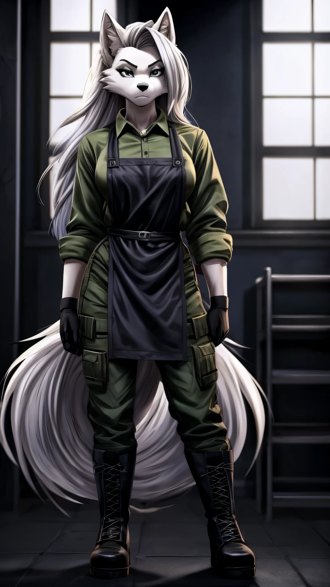 Loona from Helluva Boss, female wolf, mature adult, anthro, white hair, grey eyes, tall, green long sleeve shirt, army cargo pants, boots, dark vinyl apron, gloves, standing, serious, dark lighting, detailed, solo, beautiful, high quality, manhwa style, clear background, 4K