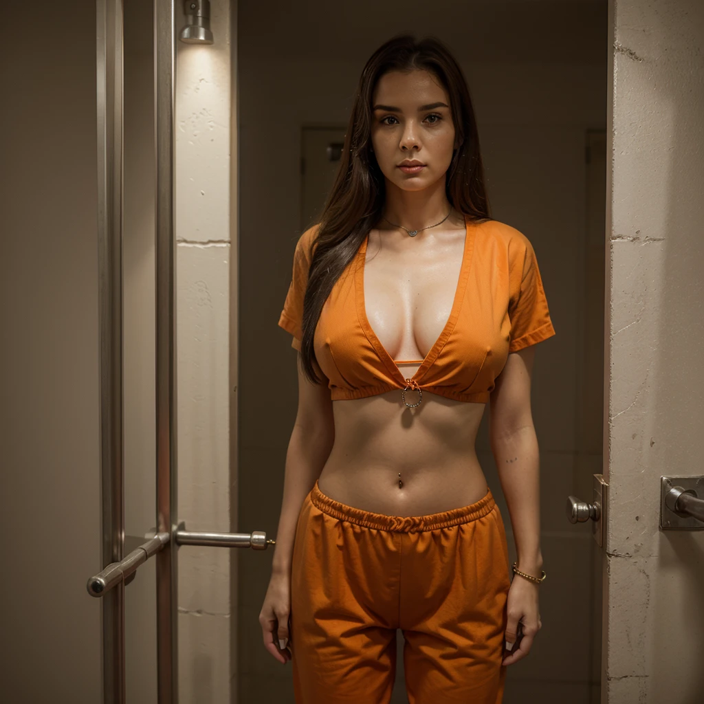 1 female prisoner, 30 years old, Square face, Long hair, Viewer's view, jewelry, Realistic, Sexy, orange prison outfit, criminal outfit, background in prison cell, detained Handcuffed, posing freely