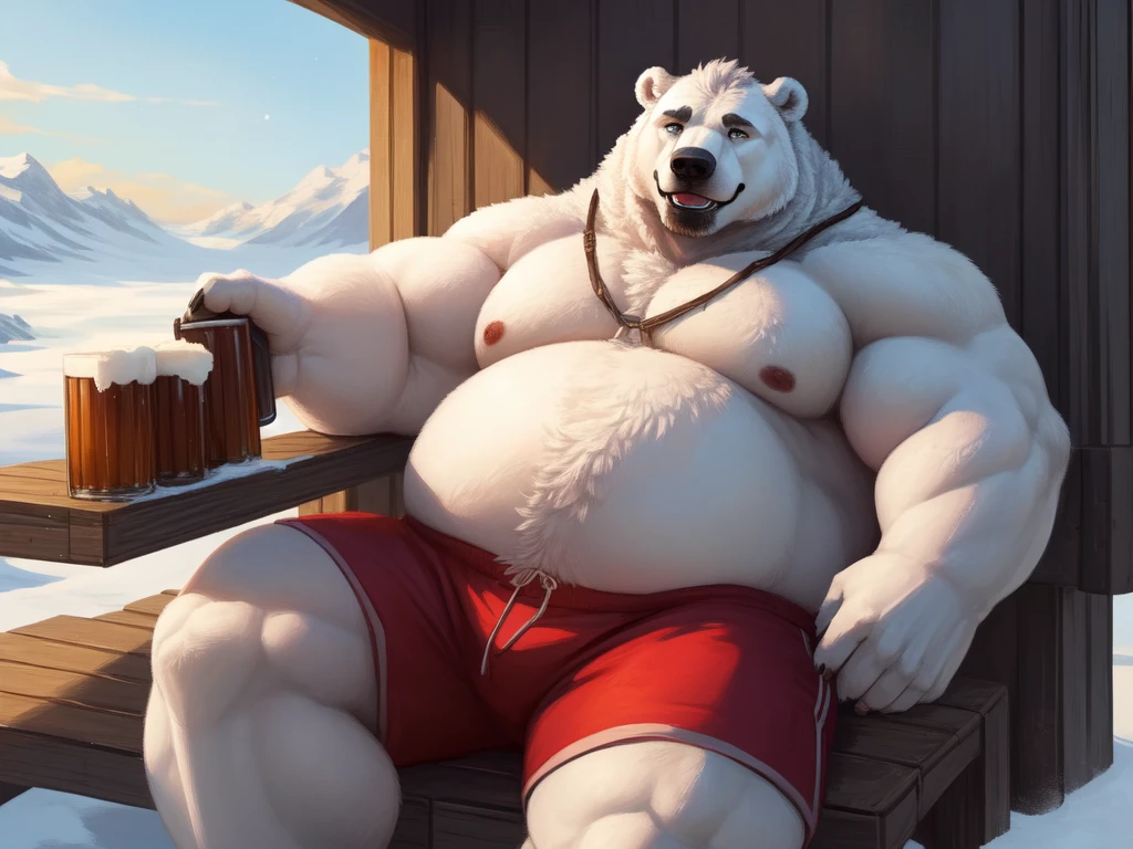 lucusold, lanxus, a man with a huge belly, furry white bear, polar bear, fat ripped:1.2, chubby, more chubby, smile, sitting in Terance, Atlantic, snow, beer, muacular, pectoral, holding beer, thicc, lowres, giant and fat, danbooru and artstation, heavy detailed, insanely inflated hips, topless, shorts, proportionally arms, fluffy chest, commission for high res, detailed but rough, semirealistic:1.3