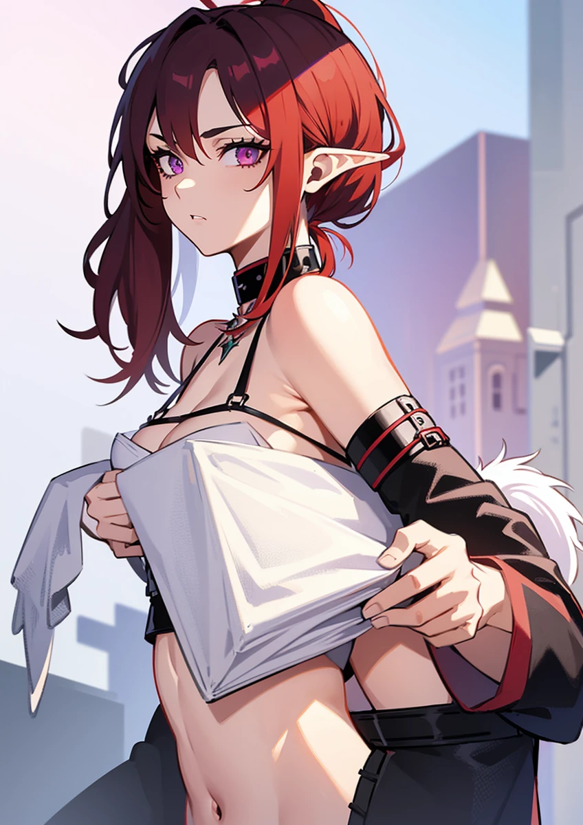 Mature girl, ponytail, Red hair, Slanted purple eyes, shaggy haircut, nonchalant expression, shaggy haircut, medium body view, fit body, Black spike necklace, face mask black, throw, well-maded eyeballs, detailed eyes, awesome eye cornea, Elf's ears, corset black
