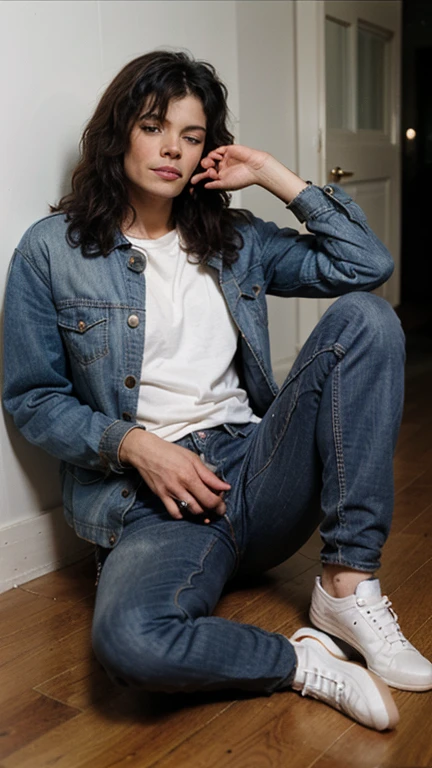 Girl sitting in a twine, girl doing a split, she is wearing jeans and shirt, doing a twine, her legs are widely spread