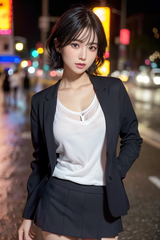 Random Pause, Mix 4, (8K, Original photo, Highest quality, masterpiece: 1.45), (Actual, Vibrant: 1.37), Skinny Japanese woman, One girl, charm, City view, night, rain, Wet, Professional Lighting, Photon Mapping, Radio City, Physically Based Rendering, Gradient black hair, Short Curly Hair, good looking, girl, T-Shirts, High resolution, 1080P, (Beautiful Face), (Detailed facial depiction), (Detailed description of the hand), (Detailed CG), Extreme light and shadow, Messy Hair, Lots of details, (exquisite features), (Highest quality photos), (Beautiful Eyes), Look in front of you, Thin clavicle,school uniform、blazer