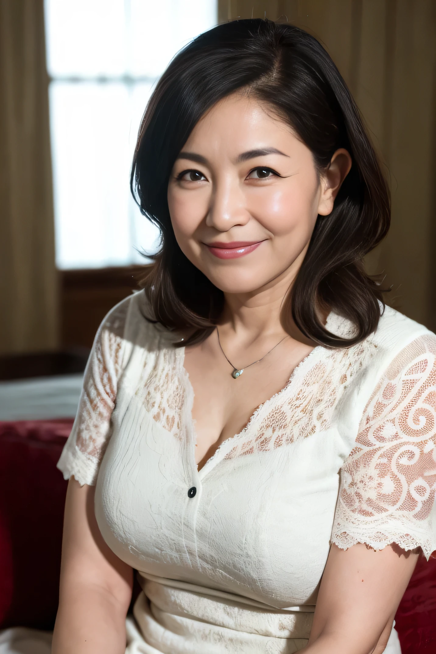 最high quality, In 8K, Masseter region, Genuine, Sharp focus, high quality, High resolution, Detailed face, fine grain, Thick lips, Background Blur, alone, Full body photo, Middle-aged women, , 65 years old, , Wavy Hair, Cleavage, Wearing a plain short-sleeved knit, Sitting on the bed, Wrinkles around the eyes, Smiling with teeth showing、（Hide your fingertips）,(Staring at the audience)