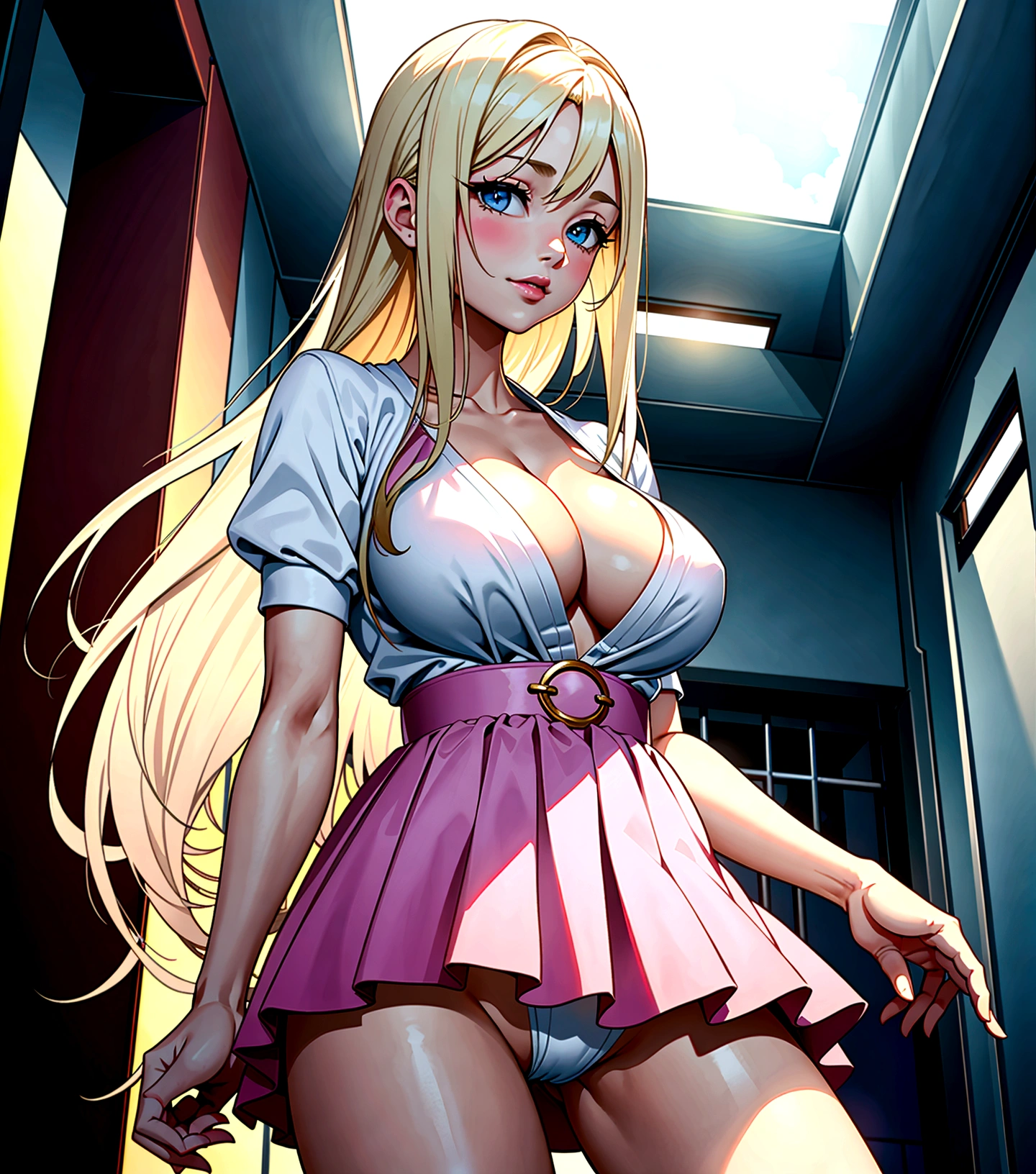 beautiful, (masterpiece:1.2), ( from below:1.3)(best quality:1.2), Beautiful 20-year-old white girl with blue eyes, long swept-back straight blond hair, Happy and posing , Pink and white frilly miniskirt, unbuttoned blouse, showing breasts, detailed nipples, triple D cup breasts, round buttocks, fake breasts, beautiful face, under boob, triple D cup breasts, bubbly asspink socks, white sneakers, California City background, daylight,