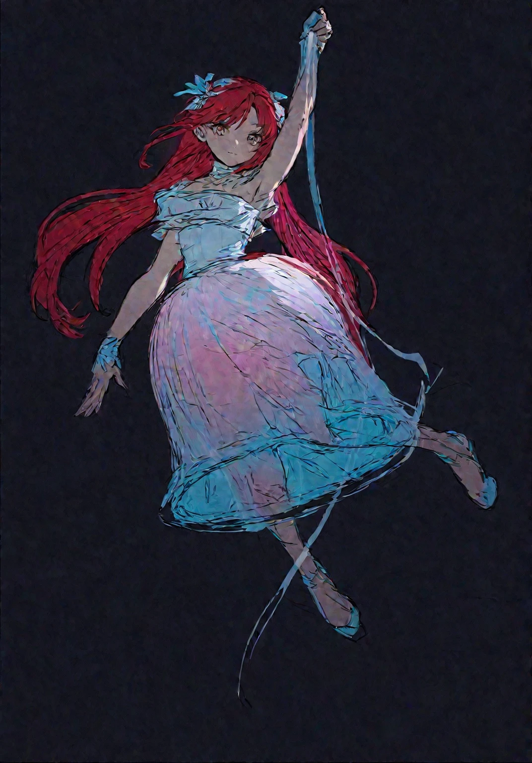 A woman with red hair floating in the sky, sketch-like art style, a surreal floating mass of a dress, a jellyfish priestess, she is levitating, Clip Studio Paint, color sketch, she has red hair, by Ai-Mitsu, [conceptual art]!!, full body, anime-style, anime art style, ((glass skirt)), pixiv winner, high quality, exquisite technique, ultra-detailed
