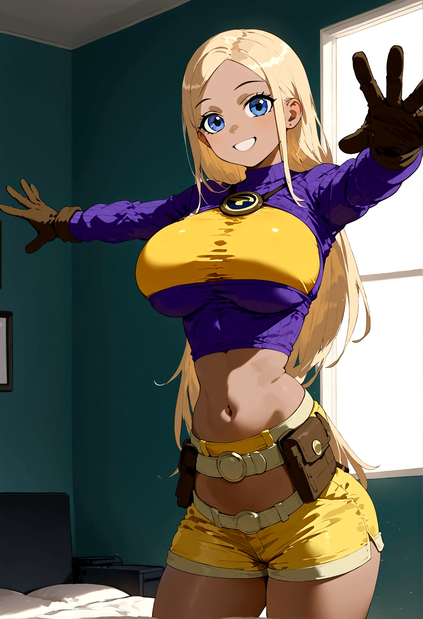 anime artwork, terra_markov, 1girl, solo, big breasts, gloves, navel, midriff, indoors, outstretched arms, shorts, smile, crop top, belt, yellow shorts, cowboy shot, dark skin, long sleeves, dark-skinned female, shirt, looking at viewer, standing, pouch, score_9, score_8_up, score_7_up, score_6_up, score_5_up, score_4_up