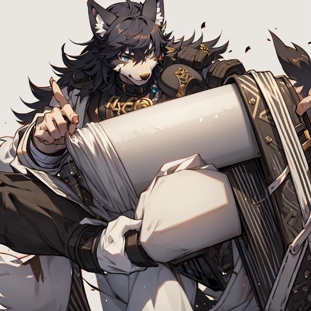 male wolf, black hair, chocolate colored eyes, white suit
