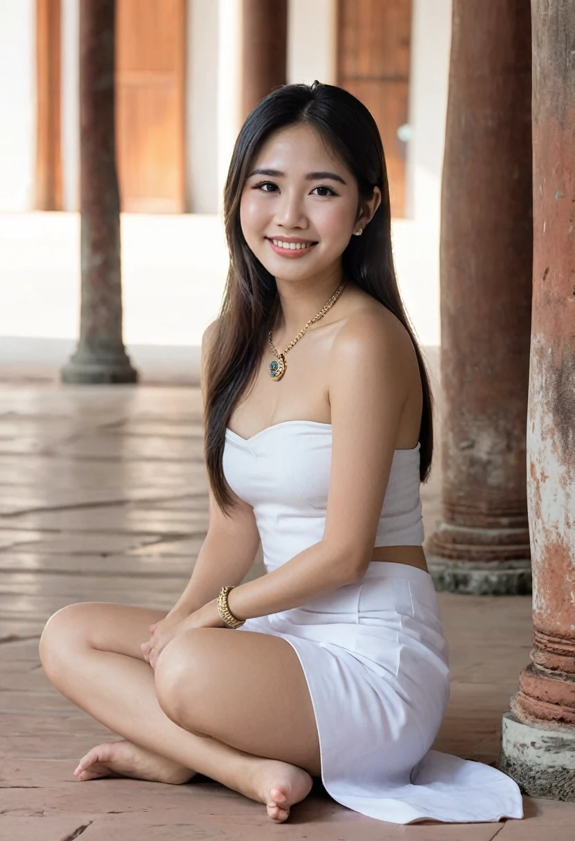 Thai girl, Thai face, , proper kneel sitting with smile, Thai ancient, girl wearing Thai ,Ayutthaya, Sukhothai, ancient jewelry, necklace, naked full body, middle tits, nipples, girl sitting , show topless,