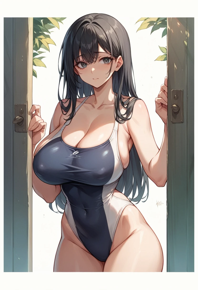 masterpiece,Highest quality,High resolution,shape,Very detailed,8k CG wallpaper,One Girl,Ray Tracing,Beautiful breasts,Long black hair, Black oversized swimsuit,White background,Waistline,Big Breasts,hiding the nipple with your fingers,,