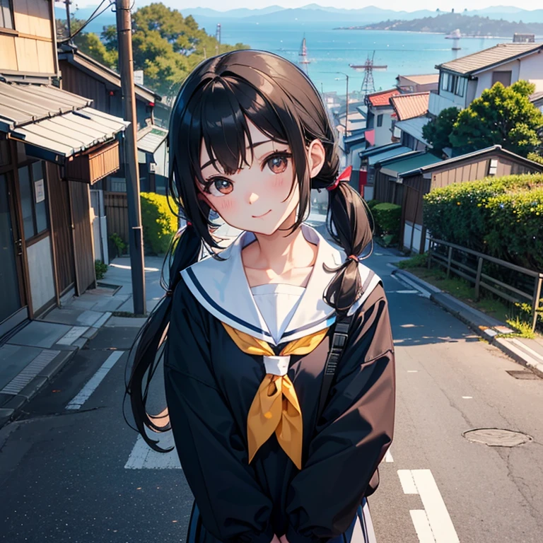 1girl, standing, head tilt,
(downhill:1.2), (sloped road), wide single road in Japan, (sea in distance:1.4), (port city:1.4), cityscape in distance,
gentle smile, 15yo,
(low twintails girl), low pigtails, black hair, very long hair,
long sleeves, navy-blue serafuku with blue ribbon, navy-blue ,
1 school bag on right shoulder,
(brown eye),
city area, stylish, urban,
electric pole, white line on the road, tree on side, white residences on side,
gantry crane, afternoon, spring, superb view,
from front, from slightly above,
anime, high brightness, detailed face, detailed eyes,
high quality, ultra detailed, masterpiece, FHD