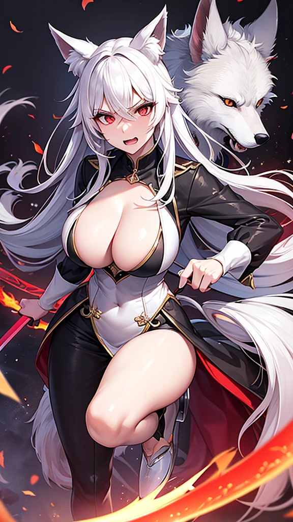 An adult woman, half fox and wolf, white hair, red eyes, large breasts, very angry, holding a sword