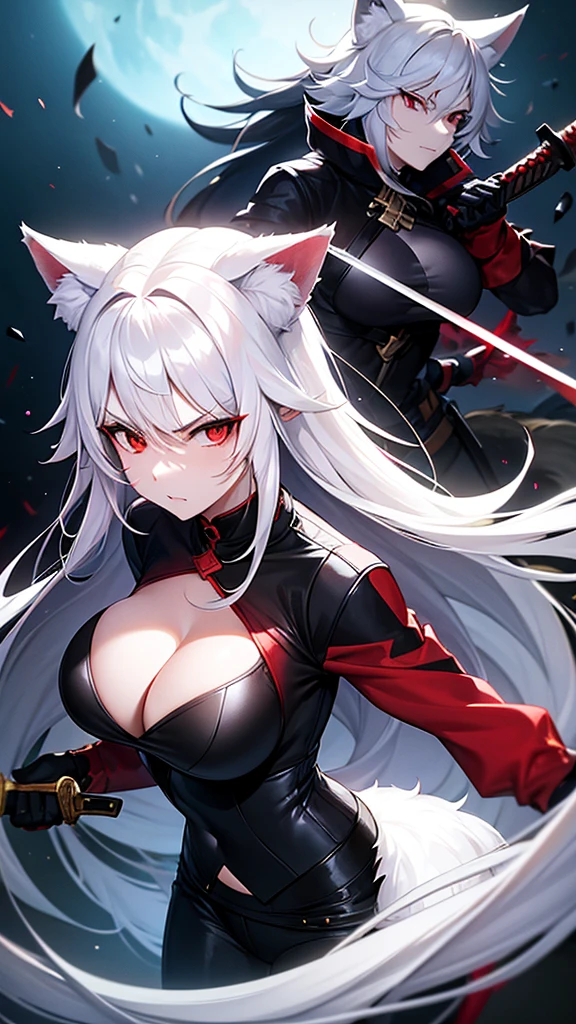 An adult woman, half fox and wolf, white hair, red eyes, large breasts, very angry, holding a sword