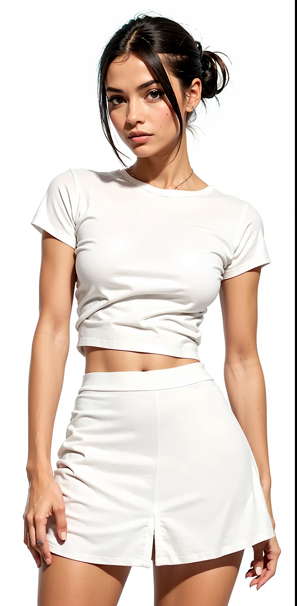 a woman in a White top and skirt posing for a picture, White top, with torn t-shirt, top cut, top cut, wearing a cropped tops, plain and tight white suit, trendy white  clothes, casual white clothes, wearing a cropped top, usando um top cropped sexy, wearing top cut, plain white undershirt, white  clothes, white undershirt