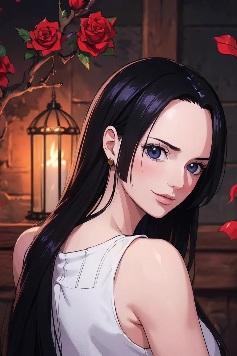 best quality, masterpiece, highly detailed,1girl, ((rose)), (vine), cage, bandage, red rope, (detail light), falling rose petals, Boa Hancock,, (masterpiece:1.5), Detailed Photo, Smiling,(8K, Photorealistic, Best Quality: 1.4), (1girl), Beautiful Face, (anime realistic Face), (Black Hair, long Hair: 1.3), Beautiful Hairstyle, Realistic eyes, beautiful detail eyes, (realistic skin), beautiful skin, (sweater), absurd, attractive, ultra high resolution, ultra realistic, high definition, golden ratio, backwards, looking back