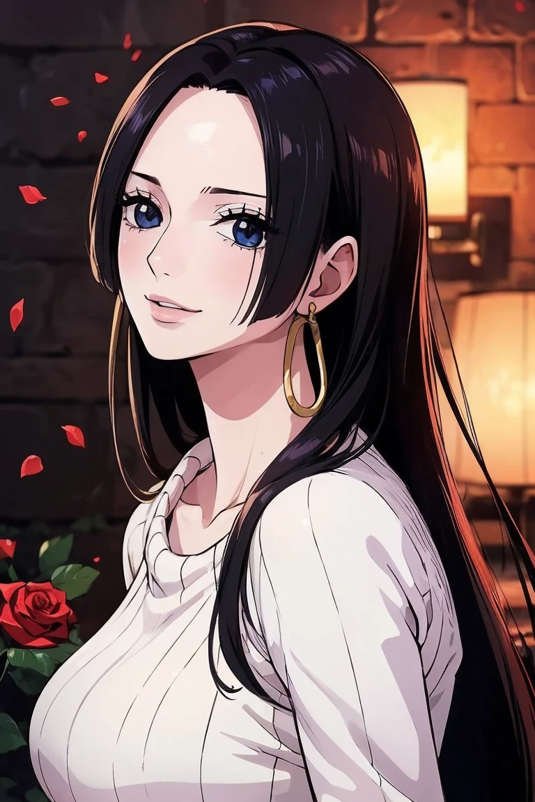 best quality, masterpiece, highly detailed,1girl,  ((rose)), (vine), cage, bandage, red rope, (detail light), falling rose petals, Boa Hancock,, (masterpiece:1.5), Detailed Photo, Smiling,(8K, Photorealistic, Best Quality: 1.4), (1girl), Beautiful Face, (anime realistic Face), (Black Hair, long Hair: 1.3), Beautiful Hairstyle, Realistic eyes, beautiful detail eyes, (realistic skin), beautiful skin, (sweater), absurd, attractive, ultra high resolution, ultra realistic, high definition, golden ratio, backwards, looking back