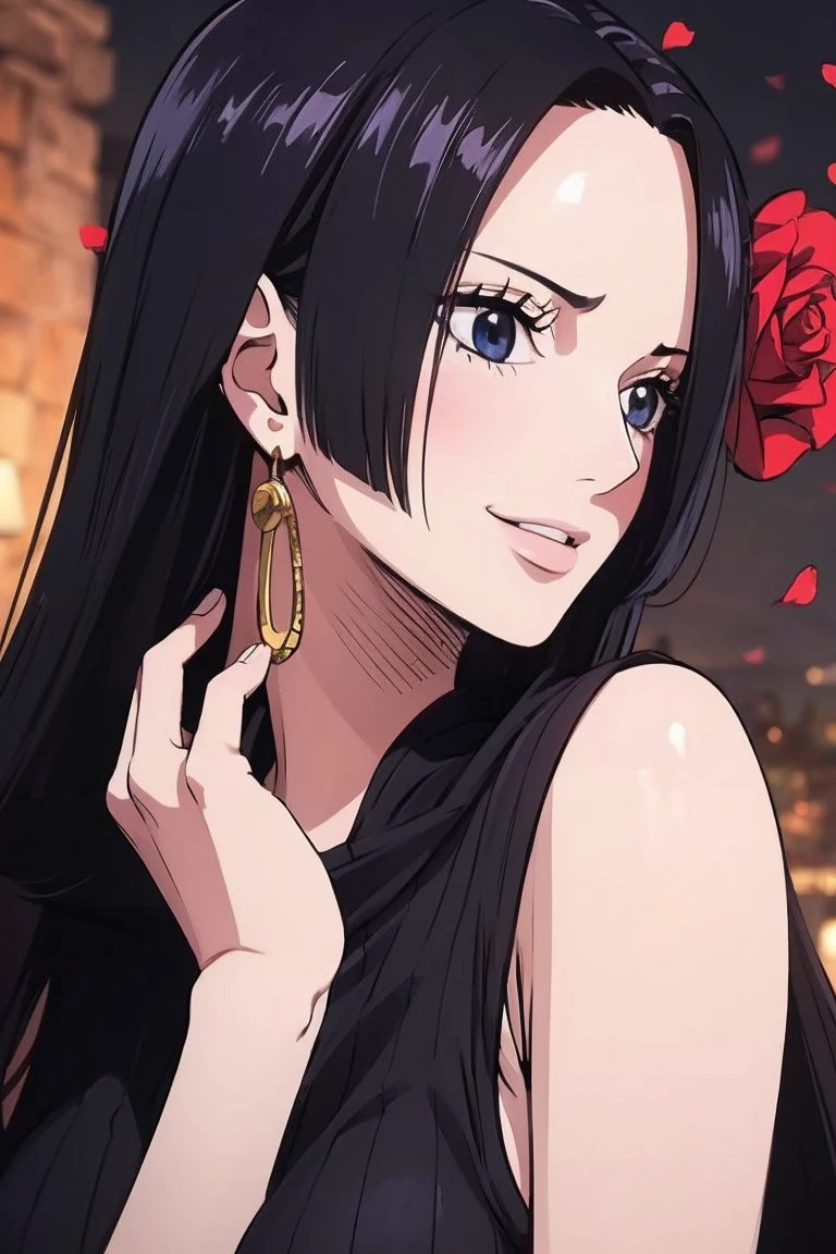 best quality, masterpiece, highly detailed,1girl,  ((rose)), (vine), cage, bandage, red rope, (detail light), falling rose petals, Boa Hancock,, (masterpiece:1.5), Detailed Photo, Smiling,(8K, Photorealistic, Best Quality: 1.4), (1girl), Beautiful Face, (anime realistic Face), (Black Hair, long Hair: 1.3), Beautiful Hairstyle, Realistic eyes, beautiful detail eyes, (realistic skin), beautiful skin, (sweater), absurd, attractive, ultra high resolution, ultra realistic, high definition, golden ratio, backwards, looking back